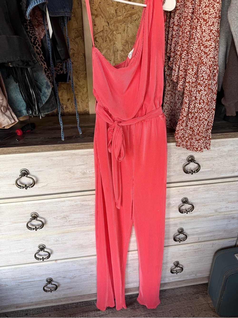 She and Sky Coral Pink Sleeveless Wide-Leg Jumpsuit with Tie Waist